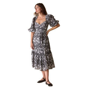 St. Roche Romaine Midi Wrap Dress Black White Floral Puff Sleeves Belt Sz 0 NWT